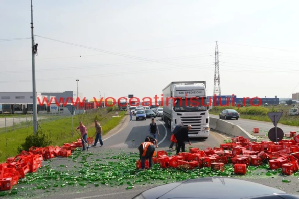ATENŢIE şoferi! DN6 blocat de… sticle de bere. Traficul este blocat total dinspre Lugoj spre Timişoara FOTO+VIDEO