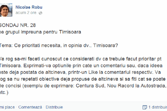 Timișorenii sunt întrebați care sunt PRIORITĂȚILE orașului. Vezi cum poți să-ți exprimi și tu OPINIA!