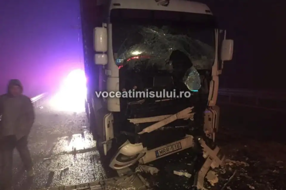 Ceața produce pagube pe șoselele din vestul țării. Patru autotrenuri, implicate într-un accident lângă Orțișoara