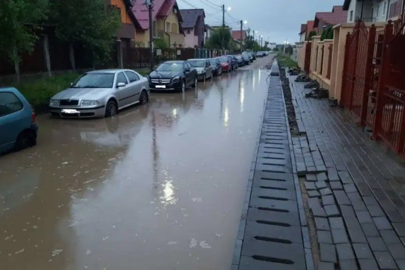 Mai multe străzi inundate la Dumbrăvița. Locuitorii, nevoiți să circule cu cizme de cauciuc