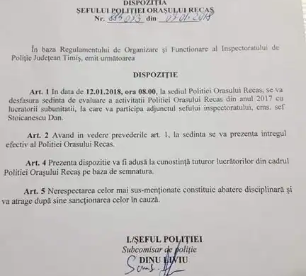 Poliția Recaș: document distribuit online după o eroare de numerotare