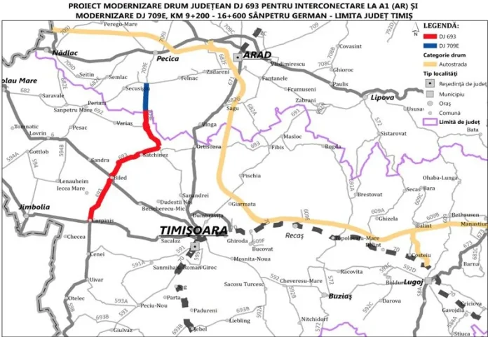 Peste 37 de kilometri de drum judetean modernizat, de la Carpinis la limita cu judetul Arad, pentru conexiunea cu A1 Harta proiect POR jpg