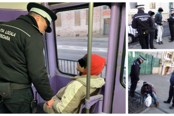 Zeci de oameni ai strazii, coborati din mijloacele de transport in comun, la Timisoara