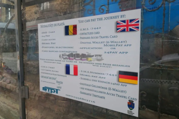 Plata calatoriei de transport in comun din Timisoara, explicata in engleza, franceza si germana