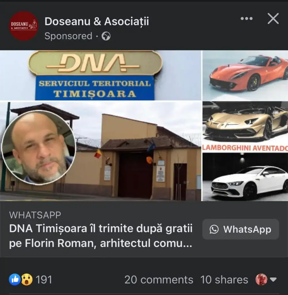 Marketing anticorupție! Iordanianul Mueen Al Shawish caută denunțători de serviciu, prin anunțuri sponsorizate pe Facebook, în rândul dezvoltatorilor imobiliari de pe raza comunei Giroc