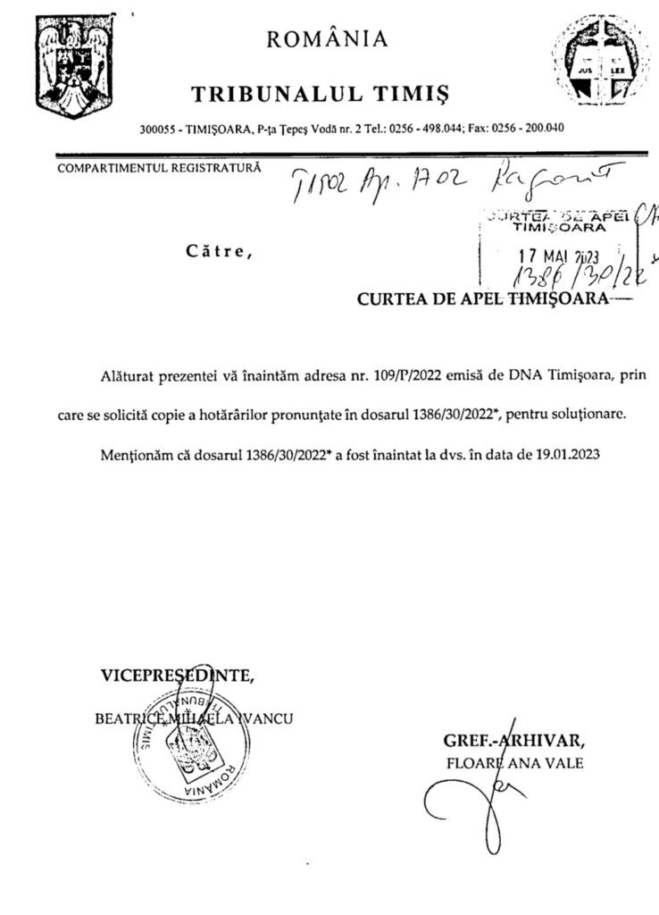 Direcția Națională Anticorupție a solicitat sentințele judecătorești, obținute de administrația lui Dominic Fritz, pe filiera vicepreședintei Curții de Apel Timișoara 2