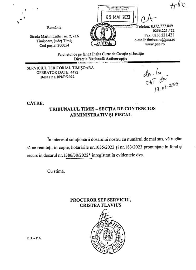 Direcția Națională Anticorupție a solicitat sentințele judecătorești, obținute de administrația lui Dominic Fritz, pe filiera vicepreședintei Curții de Apel Timișoara 1
