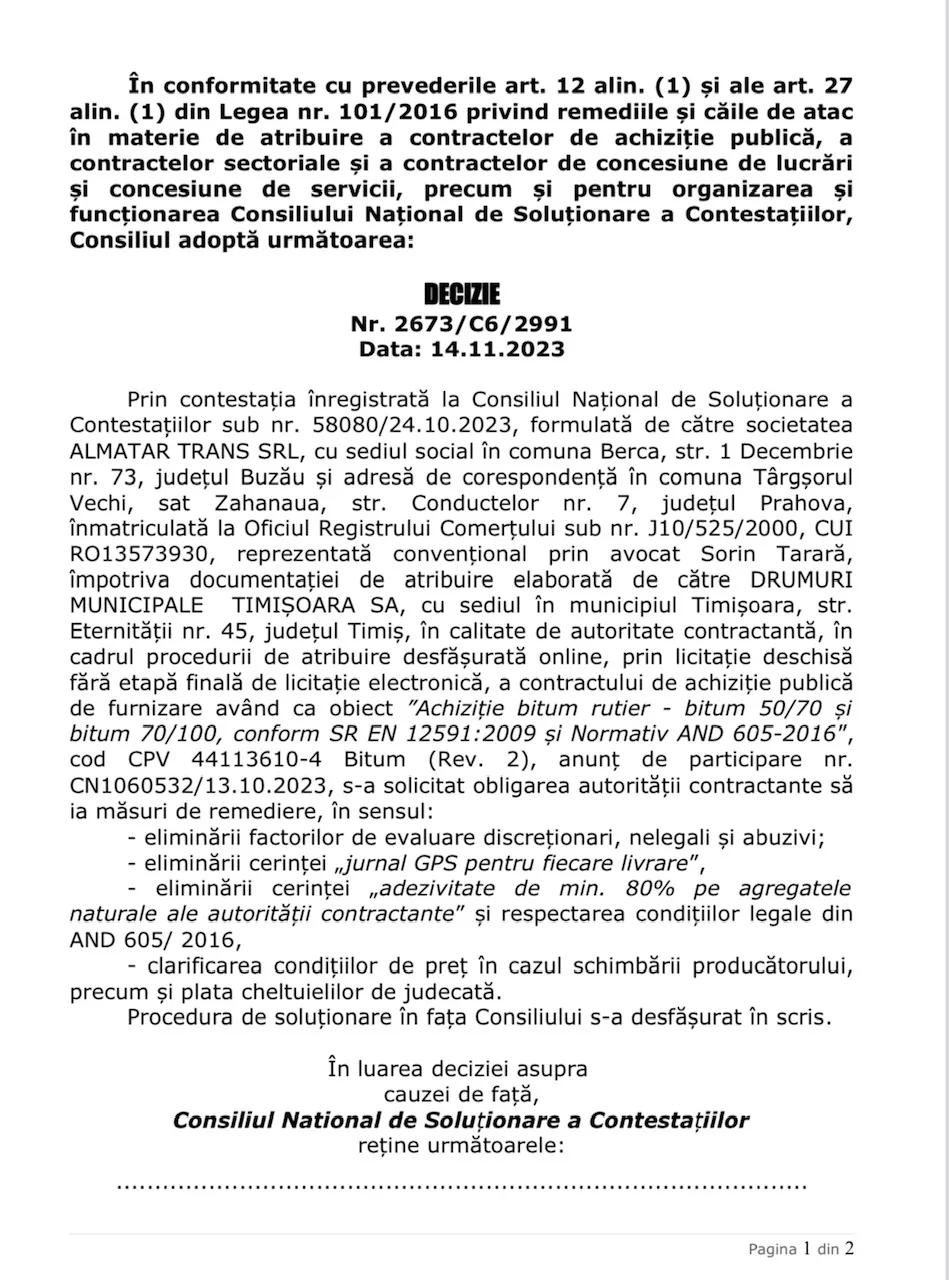Joc de glezne! Societatea de Drumuri Municipale Timișoara se încăpățânează să cumpere bitum, în valoare de peste 4 milioane de euro, doar cu dedicație 17