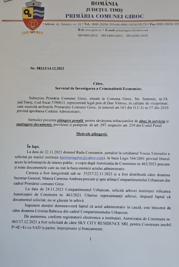 Zona Crepusculară! Primăria Giroc a depus plângeri penale împotriva funcționarilor publici care au sustras documente și dosare întregi de urbanism 5