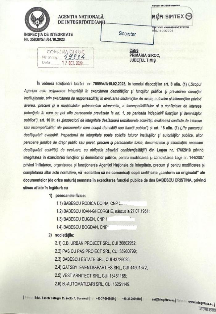 Noaptea minții! Agenția Națională de Integritate acuză Primăria Giroc de minciună și tăinuire în comunicarea instituțională privind conflictul de interese al fostei arhitecte-șefe Cristina Babescu 1
