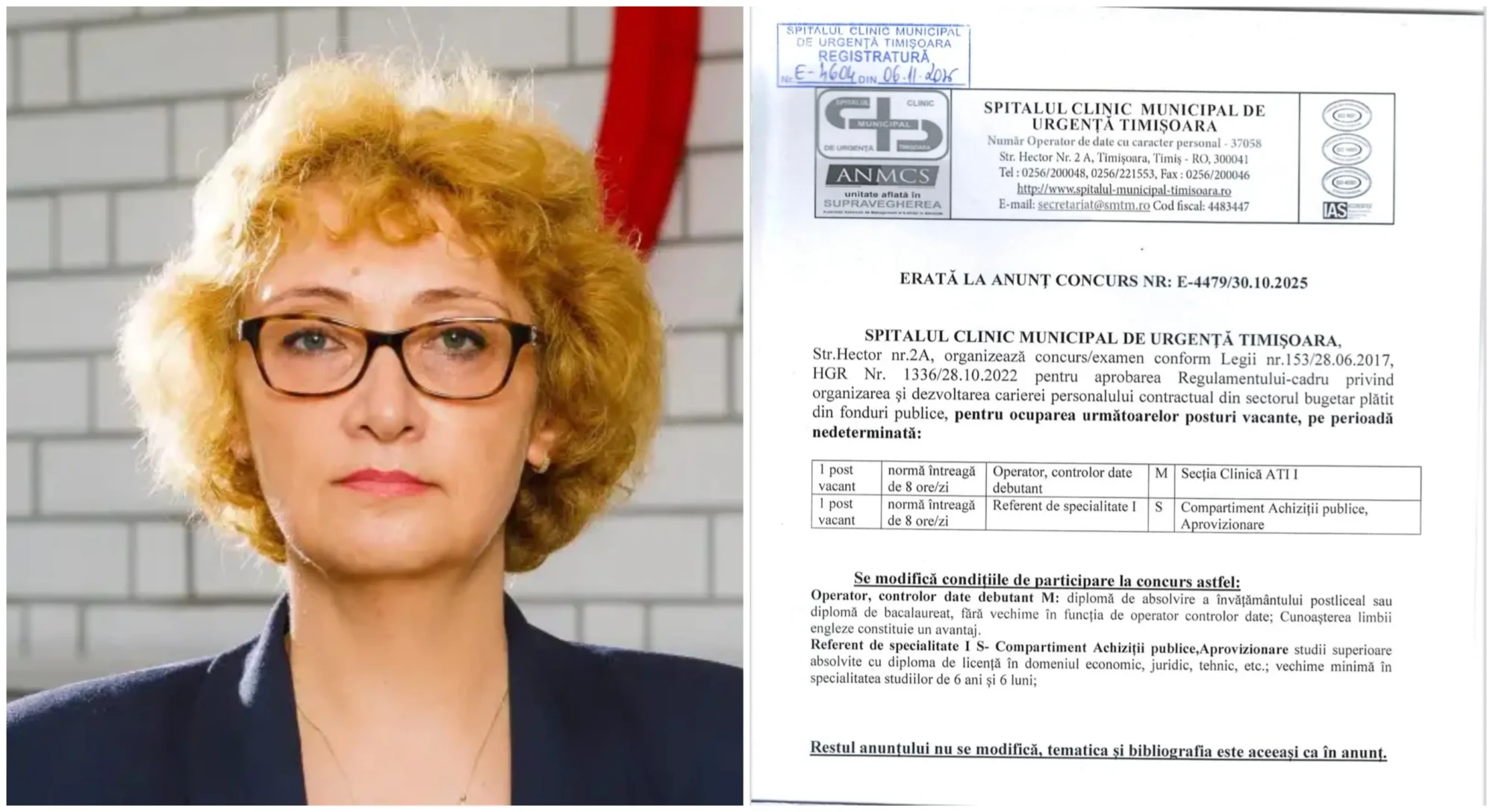 Concursul de la Spitalul Municipal Timișoara, corectat peste noapte. Erata care confirmă că posturile erau făcute „cu dedicație”