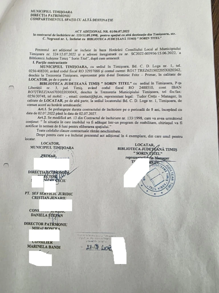 Ruben Lațcău și Dominic Fritz, prinși cu minciuna. Actul Adițional din 2022 dovedește că Primăria avea obligația reabilitării bibliotecii Traian