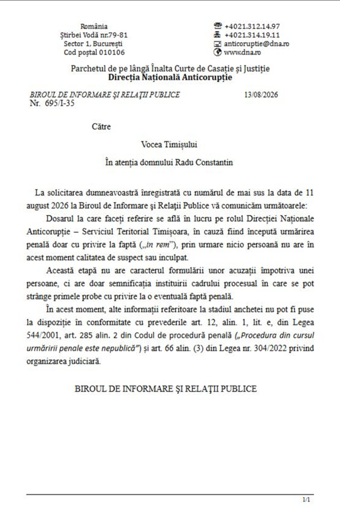 Dosar DNA Dogaru – răspunsul oficial al DNA Timișoara privind urmărirea penală in rem