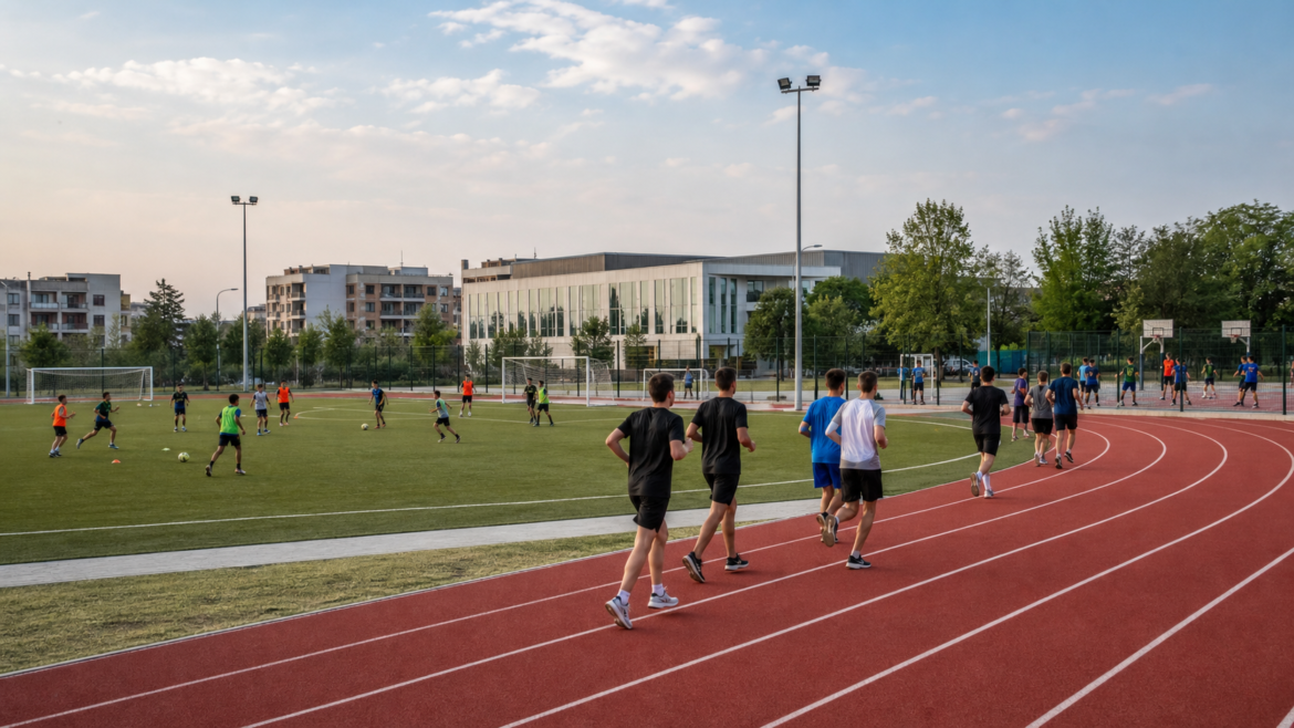 Finanțarea proiectelor sportive Timiș – sportivi la antrenament pe pista unui complex sportiv.