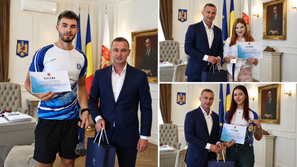 Colaj cu cei trei canotori medaliați ai CSM Timișoara, alături de Alfred Simonis, cu diplome și medalii