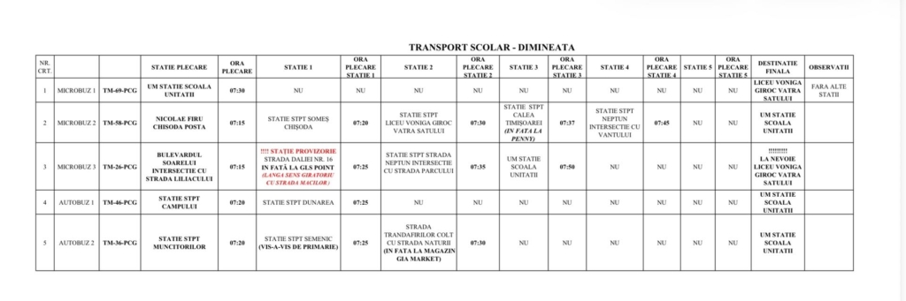 Orar transport școlar Giroc – cursele de dimineață