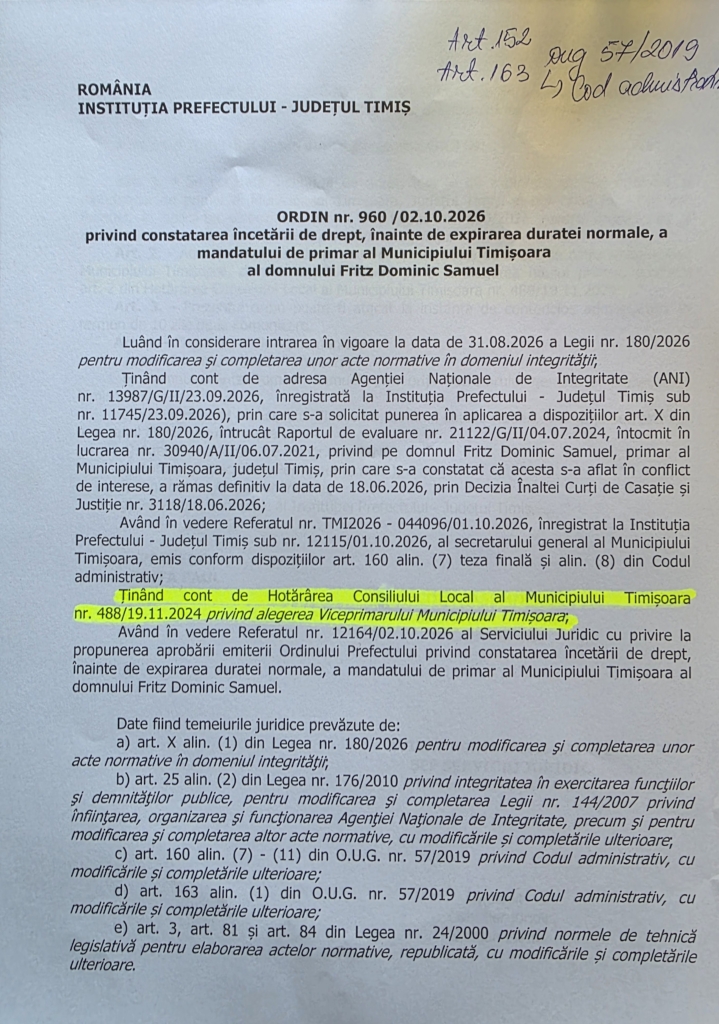 Ordinul Prefectului Timiș nr. 960 din 2 octombrie 2026 privind încetarea mandatului de primar al lui Dominic Fritz, pagina 1