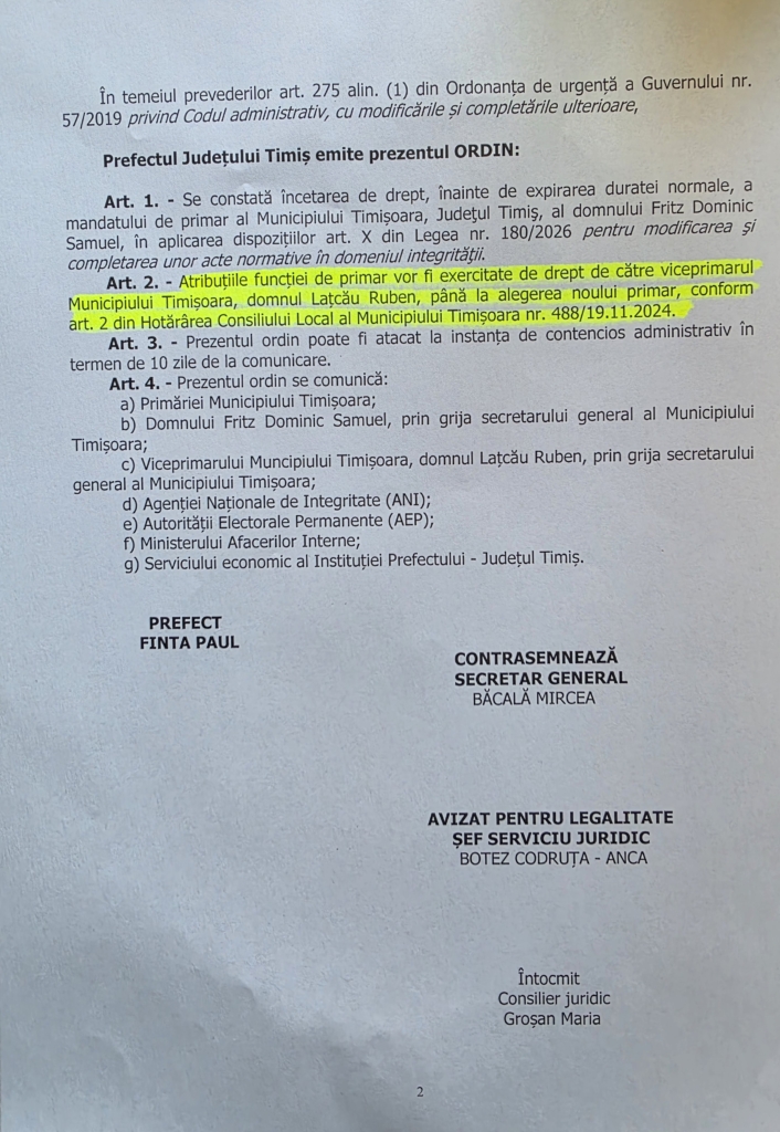 Ordinul Prefectului Timiș nr. 960/2026, pagina 2: art. 2 desemnează viceprimarul Ruben Lațcău primar interimar la Timișoara, conform HCL 488/2024