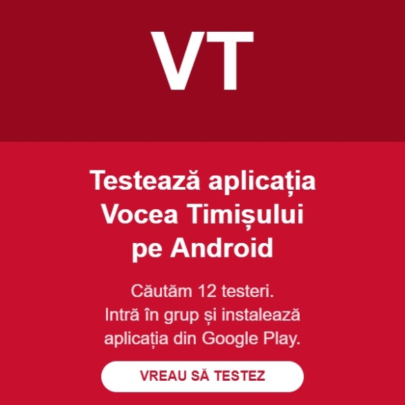 Aplicația Vocea Timișului – testeri (pătrat) Testează aplicația Vocea Timișului pe Android