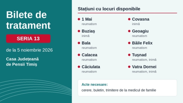 Bilete de tratament pentru pensionarii din Timiș: mai sunt locuri în seria 13