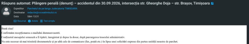 captură email, răspuns automat al Parchetului privind plângerea penală