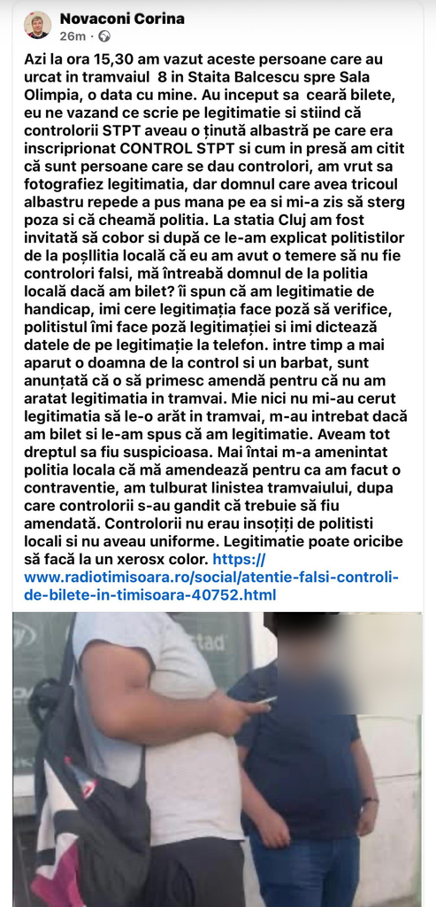 Captură a postării Corinei Novaconi despre controlul din tramvaiul 8