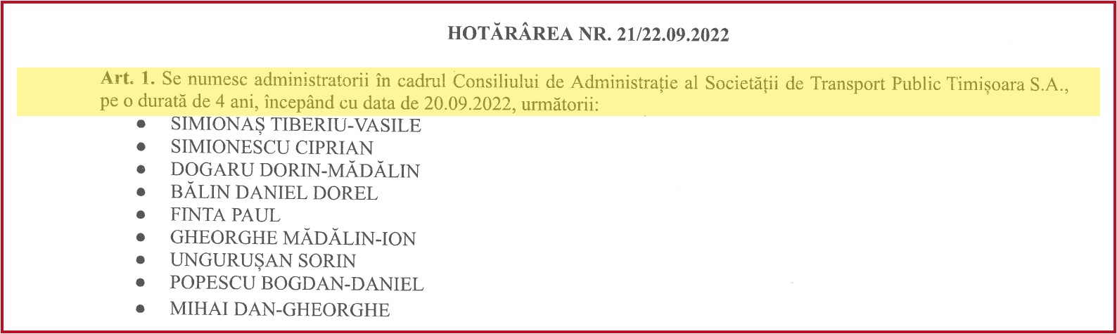 directorii TPT, Hotărârea AGA nr. 21/22.09.2022 de numire a Consiliului de Administrație pe 4 ani