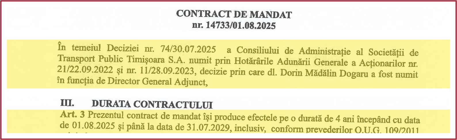 directorii TPT, contractul de mandat nr. 14733 al directorului general adjunct Mădălin Dogaru, valabil până pe 31.07.2029
