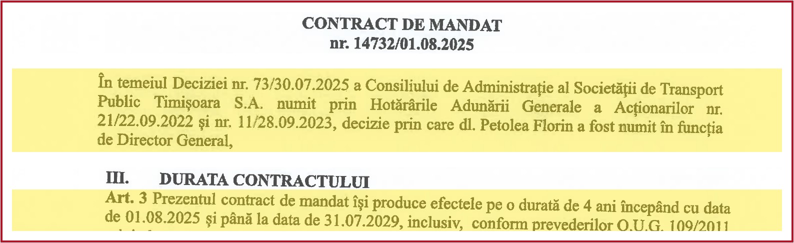 directorii TPT, contractul de mandat nr. 14732 al directorului general Florin Petolea, valabil până pe 31.07.2029