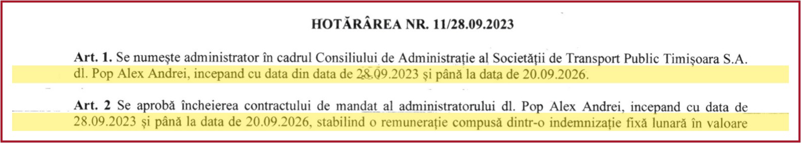 directorii TPT, Hotărârea AGA nr. 11/28.09.2023: mandat de administrator până la 20.09.2026