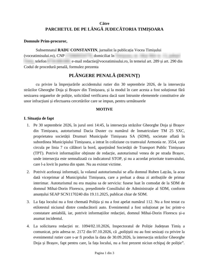 document plângere penală adresată Parchetului Timișoara privind accidentul cu tramvaiul