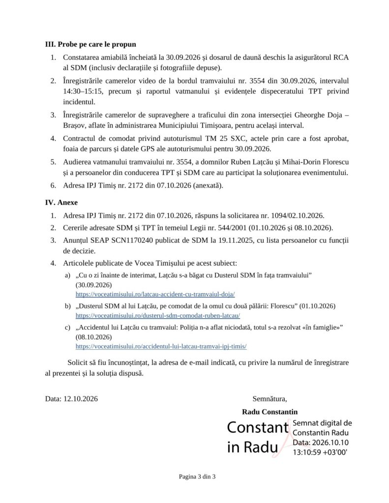 document plângere penală cu lista probelor și semnătura digitală a lui Constantin Radu