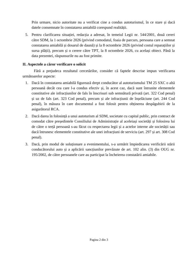 document scris cu text juridic despre plângere penală și verificarea unui accident rutier