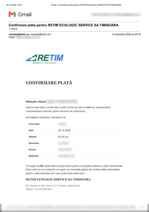email RETIM cu confirmare plată factură de salubrizare și detalii tranzacție