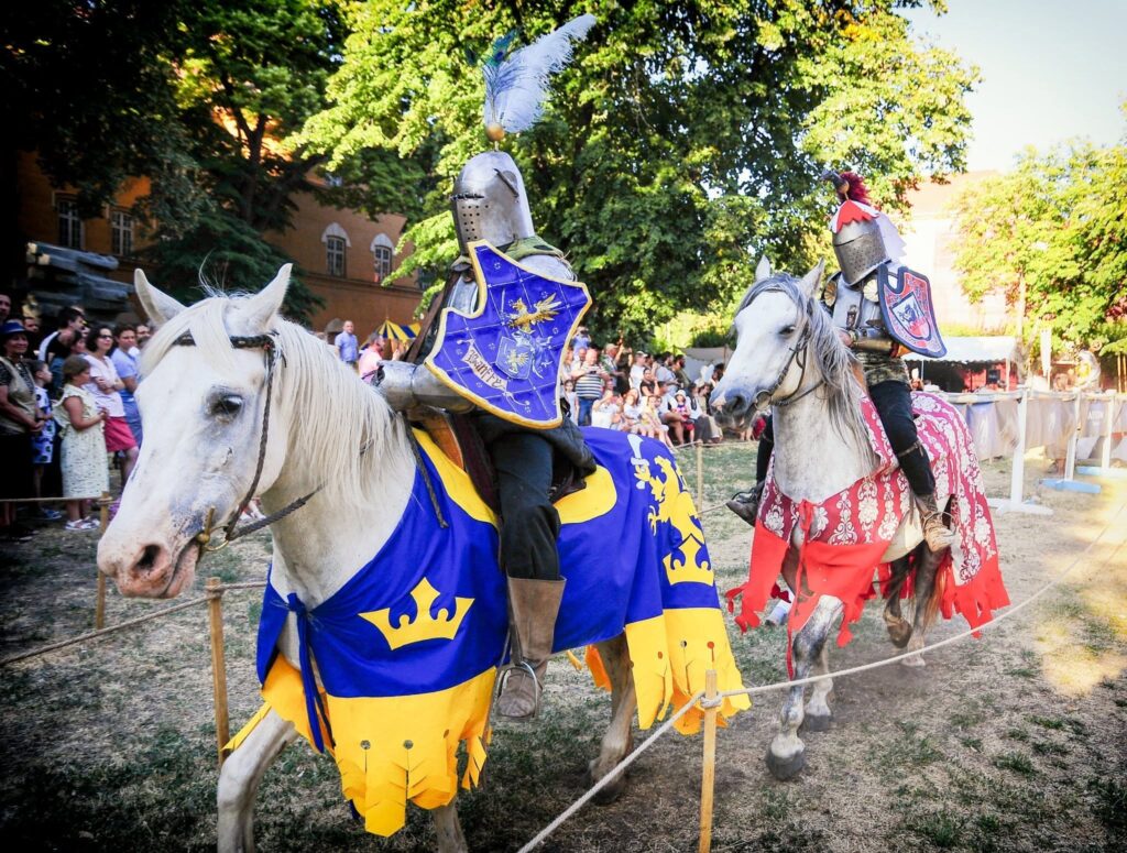 festival medieval - doi cavaleri în armură, pe cai costumați, în fața publicului