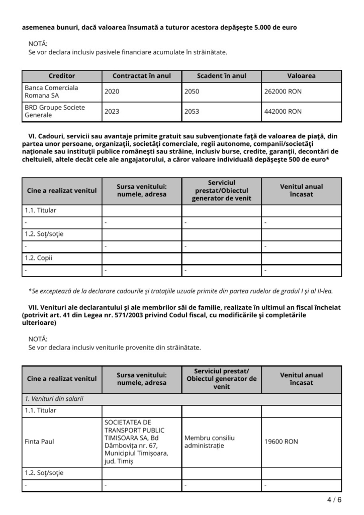 Declarația de avere a lui Paul Finta din 2023, veniturile, pagina 4