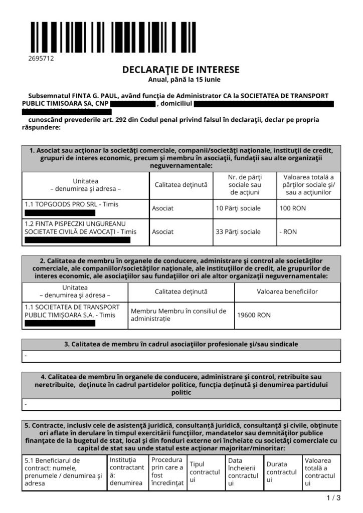 Declarația de interese a lui Paul Finta din 2023, pagina 1