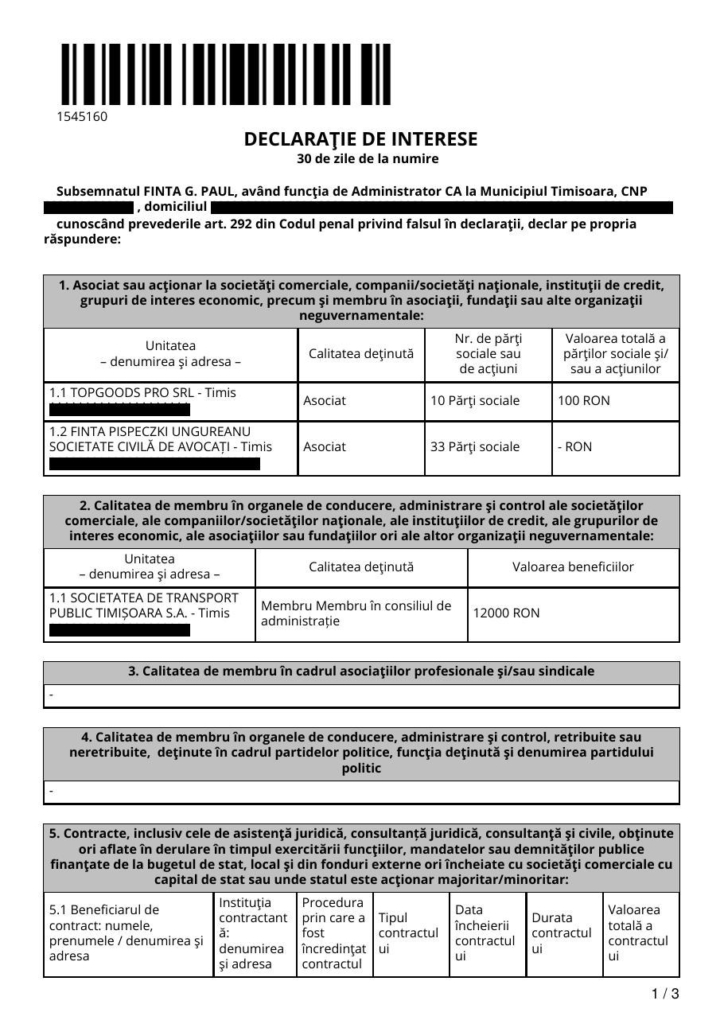 Declarația de interese a lui Paul Finta din 2022, pagina 1, cu societatea civilă de avocați