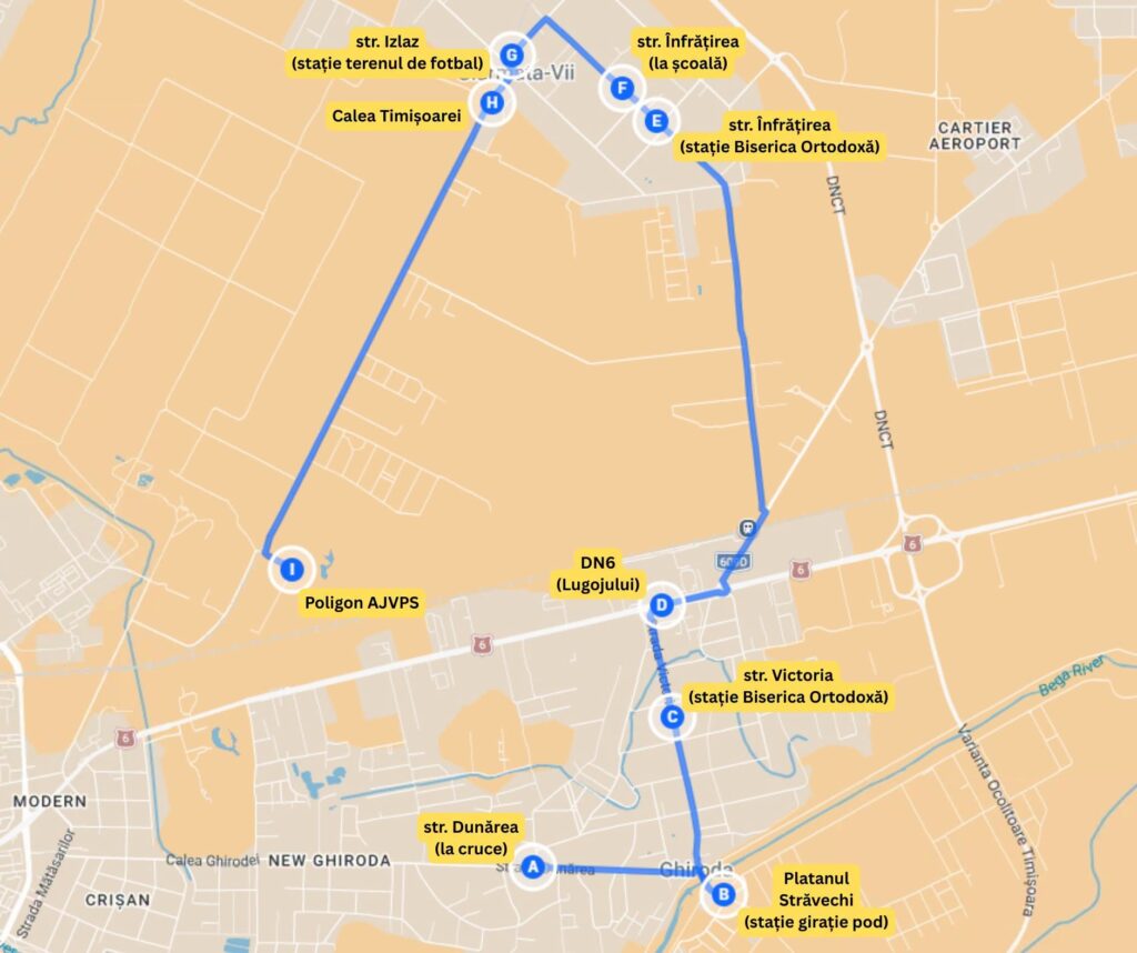Harta traseului spre Festivalul Ceaunelor din Ghiroda, cu stațiile de la Ghiroda la Poligonul AJVPS