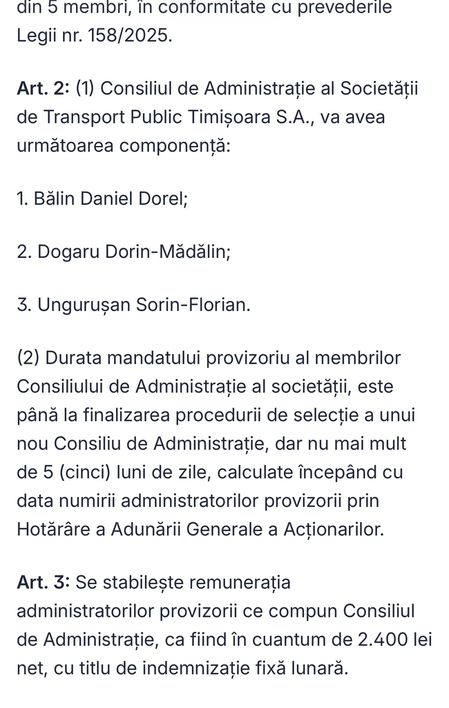 Hotărârea de numire a CA-ului provizoriu TPT: Bălin, Dogaru, Ungurușan, 2.400 lei net