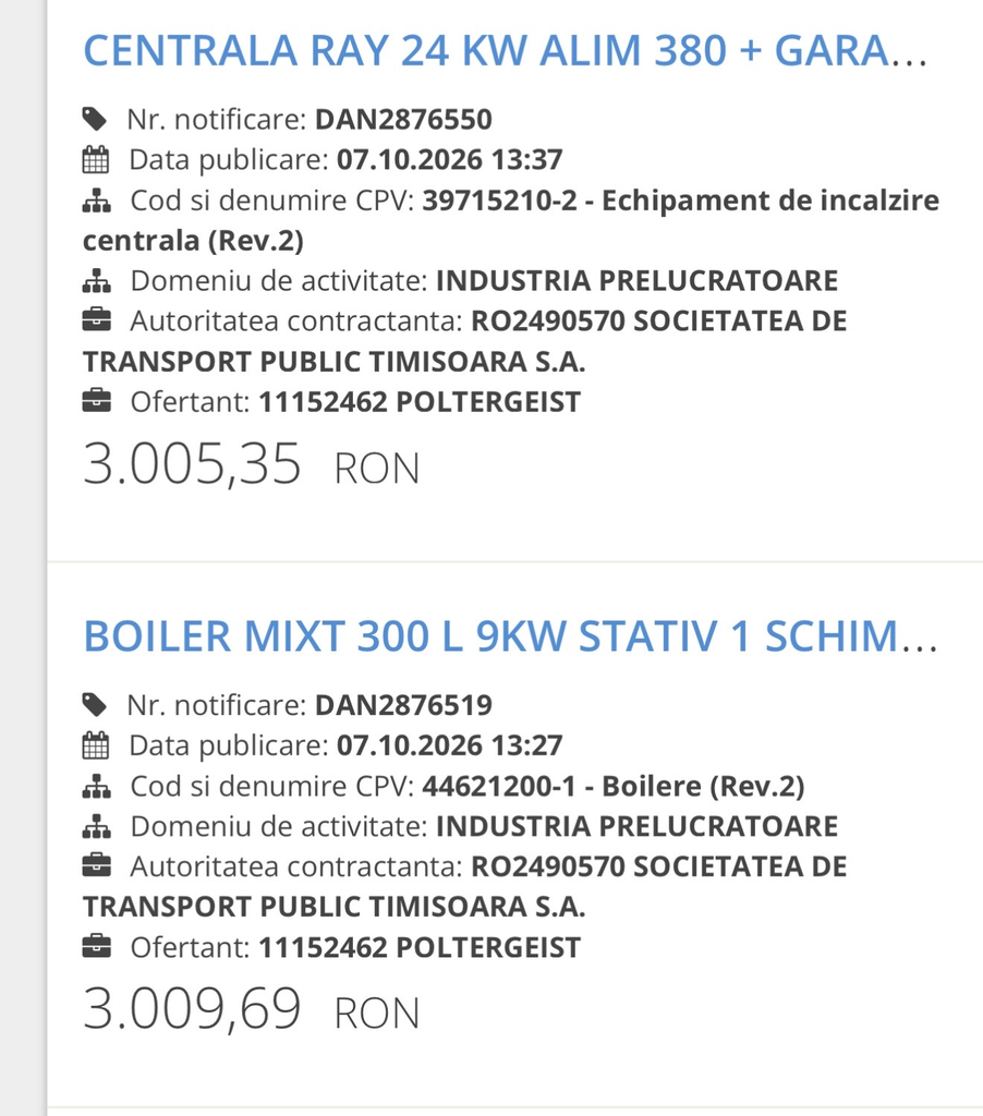 SEAP: achiziții directe ale TPT de la Poltergeist, centrală și boiler, 7 octombrie 2026