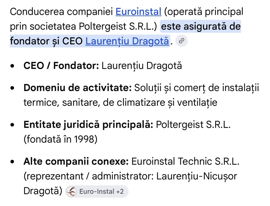 Euroinstal, operată prin Poltergeist SRL, condusă de Laurențiu Dragotă