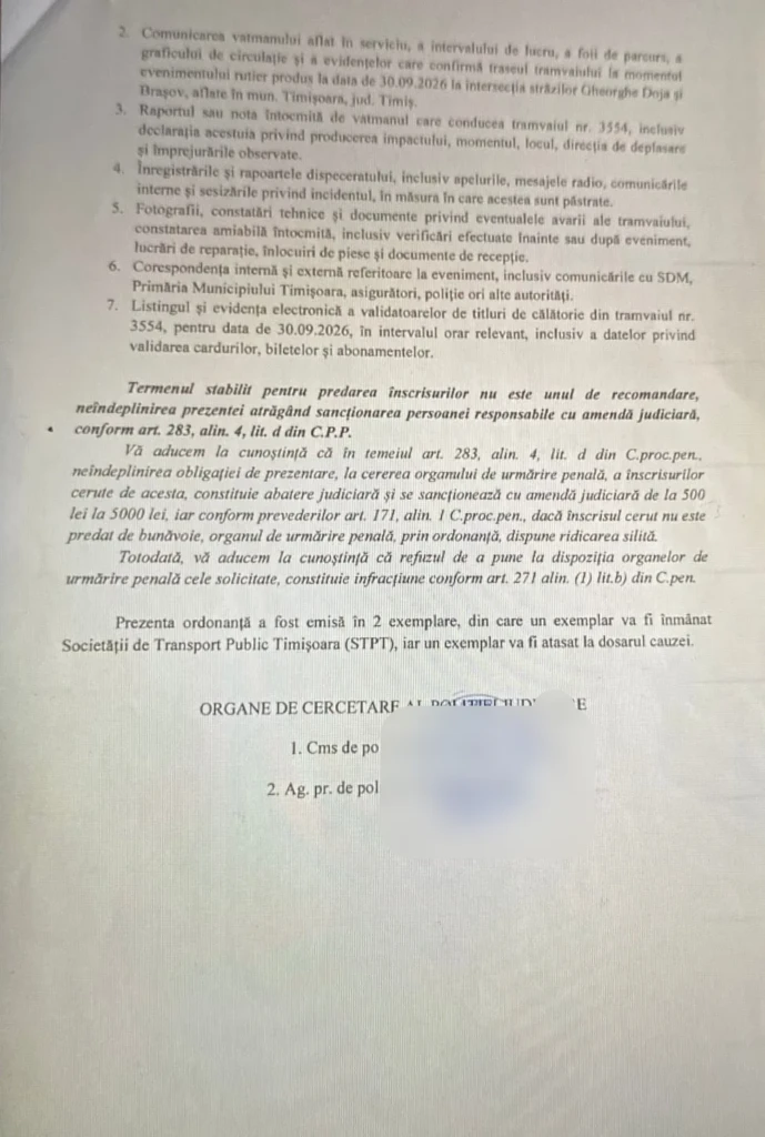 Dosarul penal de la TPT: ordonanța de ridicare a înscrisurilor din accidentul lui Lațcău, pagina 2, cu cele 7 categorii de acte