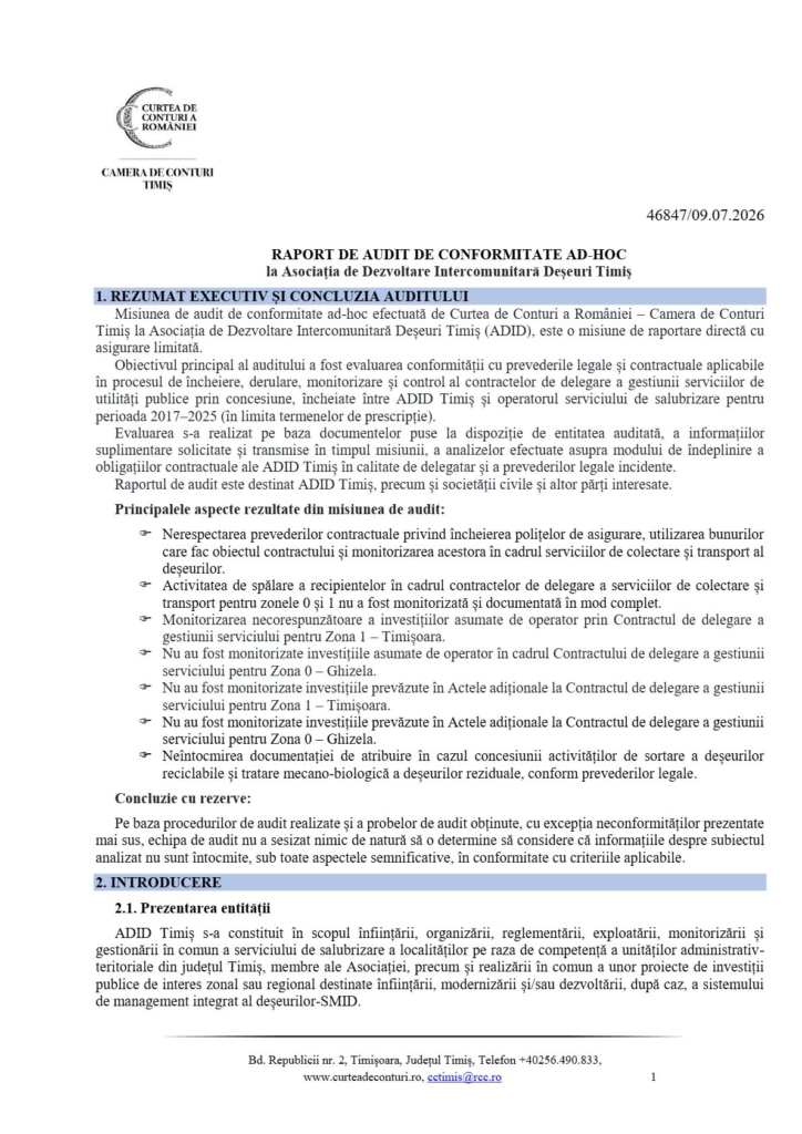 ADID Timiș, raportul Camerei de Conturi Timiș nr. 46847/09.07.2026, pagina 1