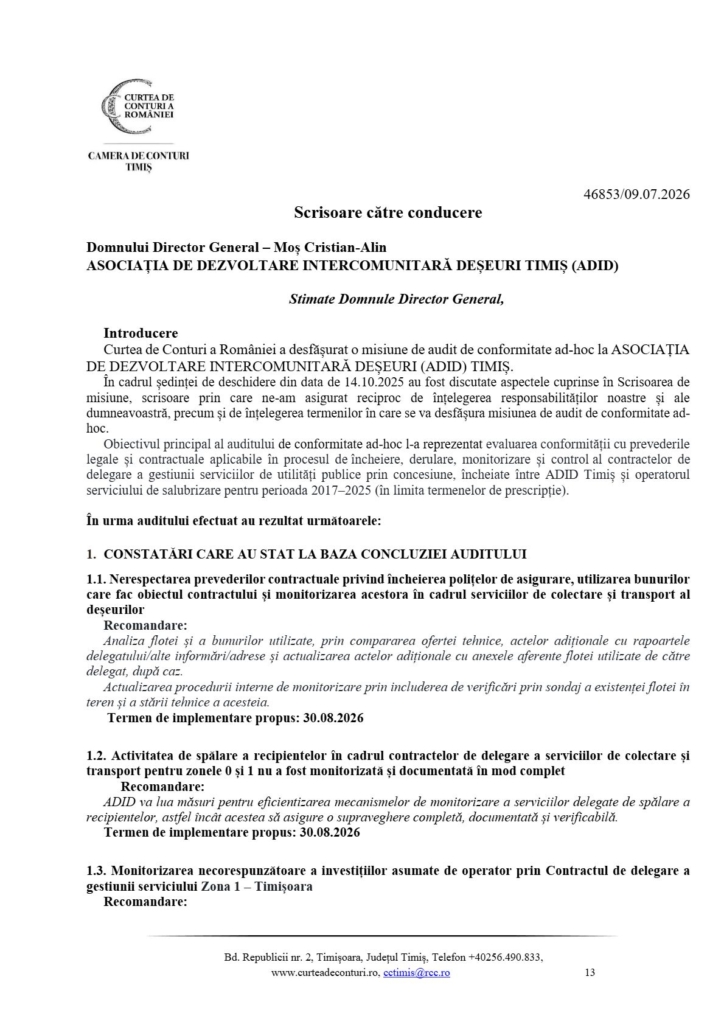 ADID Timiș, raportul Camerei de Conturi Timiș nr. 46847/09.07.2026, pagina 13
