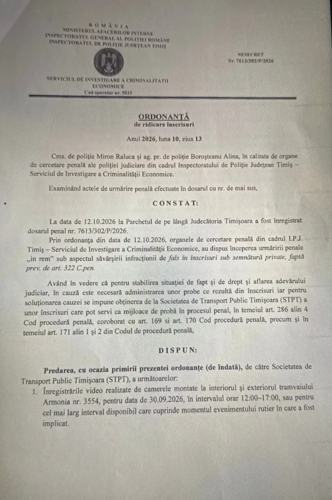 Dosarul penal de la TPT: ordonanța SICE de ridicare a înscrisurilor din 13 octombrie 2026, pagina 1